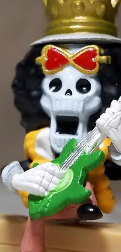 Cartoon skeleton with a green guitar and crown, in an animated style.