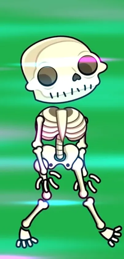 Cartoon skeleton against a green background, animated design.