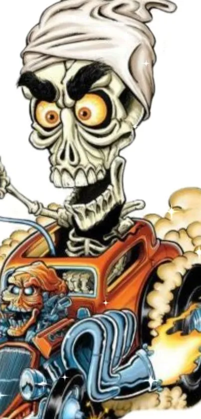 Skeleton driving a hot rod with dynamic, colorful art style.