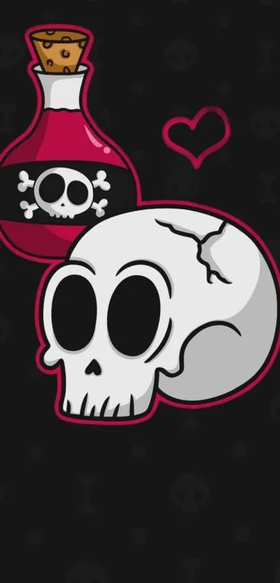 Cartoon skull with poison bottle and a heart on a dark background.