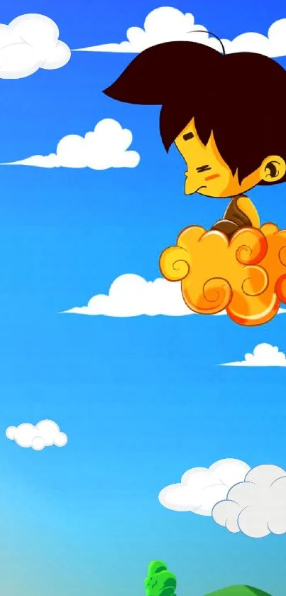 Cartoon character flying on a cloud in a blue sky wallpaper.