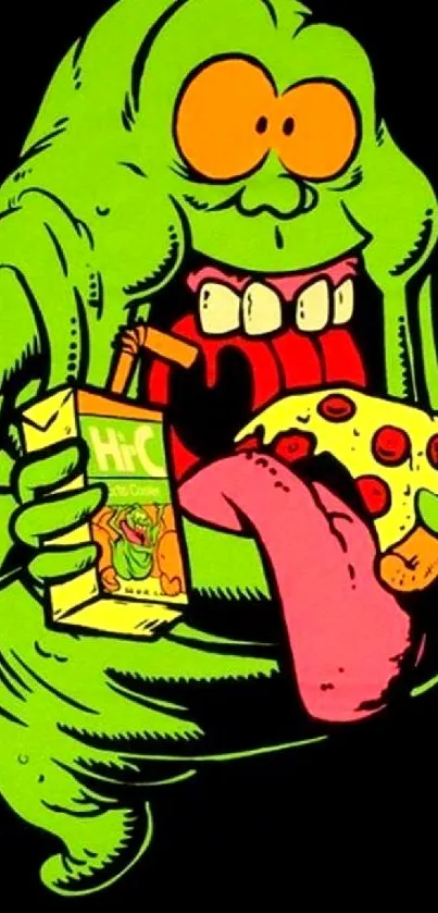 Cartoon slime with pizza and drink on black background.