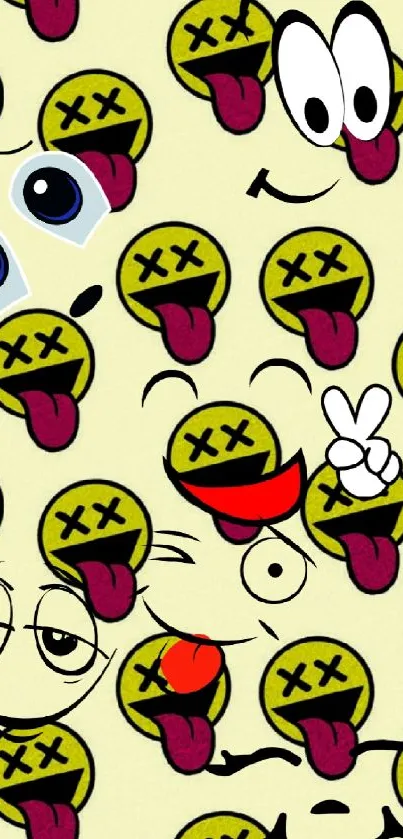 Cartoon smiley faces wallpaper with quirky yellow expressions.