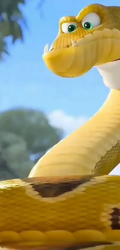 Cartoon snake with yellow scales in a vibrant outdoor setting.