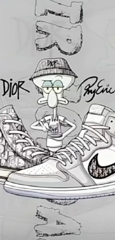 Cartoon character with stylish sneakers in gray theme.