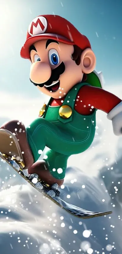 Cartoon character snowboarding in a winter landscape for mobile wallpaper.