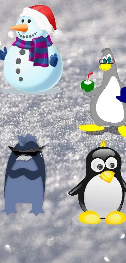 Snowman and penguins on snowy background wallpaper.