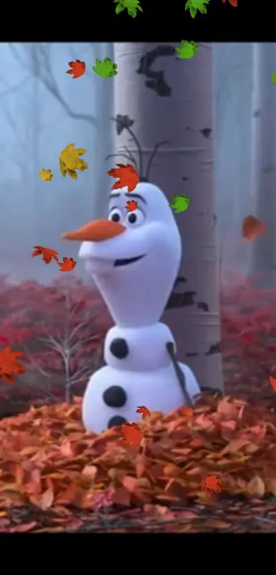 Cartoon snowman in autumn leaves with vibrant forest background.