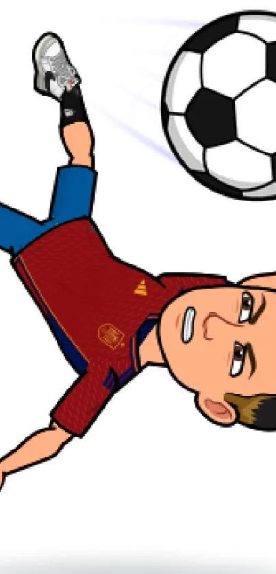 Cartoon character in mid-air bicycle kick with soccer ball.