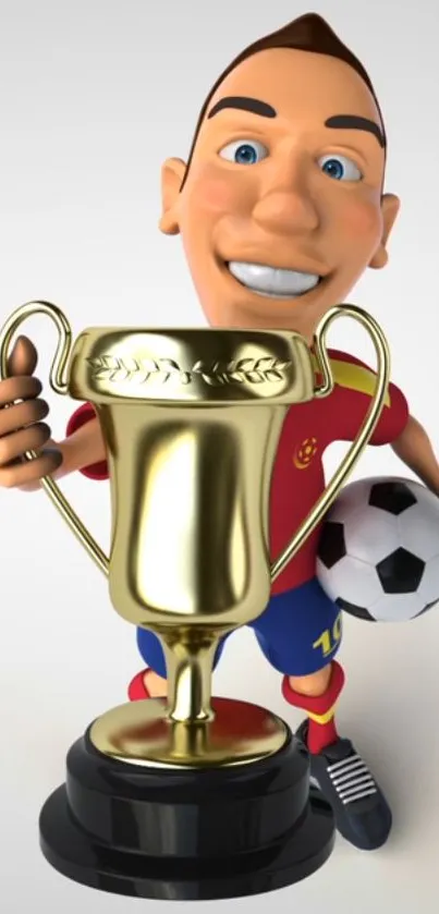 Cartoon soccer player with trophy and soccer ball wallpaper.