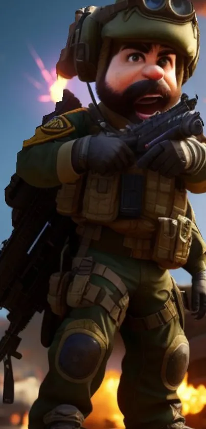Cartoon soldier with a rifle in a dynamic explosion scene on mobile wallpaper.