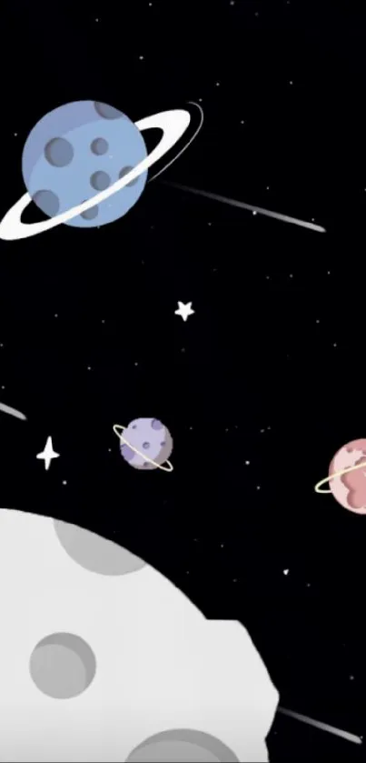 Space-themed cartoon wallpaper with planets and stars.