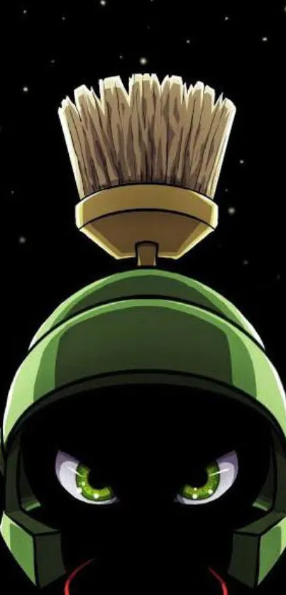 Cartoon warrior with green helmet on starry black background.