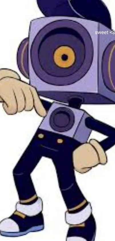 Cartoon character with speaker head and purple outfit.