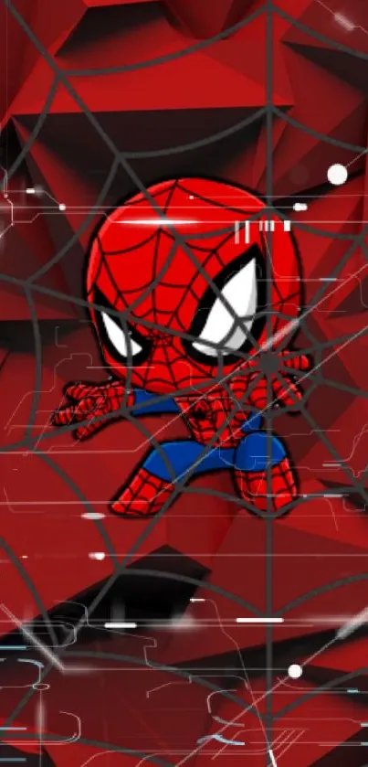 Cartoon spider hero on a vibrant red web background.