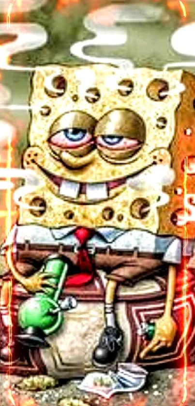 Cartoon sponge character sitting in a funny pose.