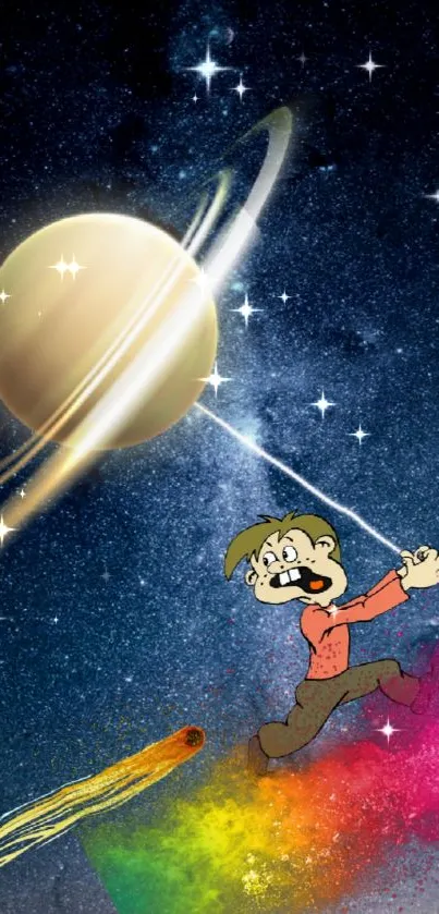 Cartoon figure holding a planet in a starry, colorful galaxy background.