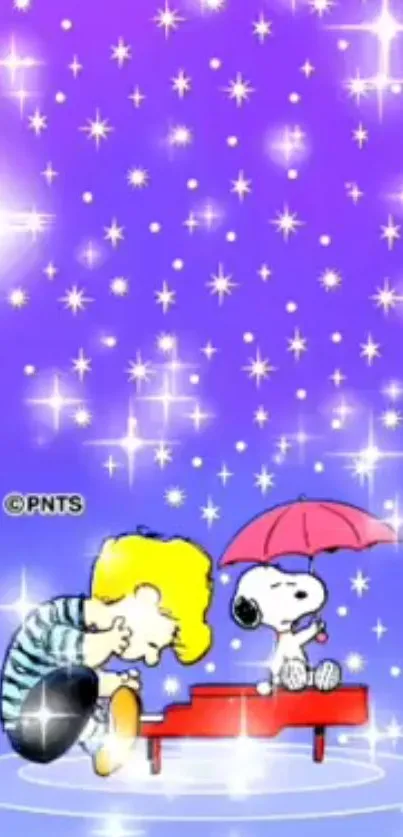 Cute cartoon characters under a starry, purple night sky.