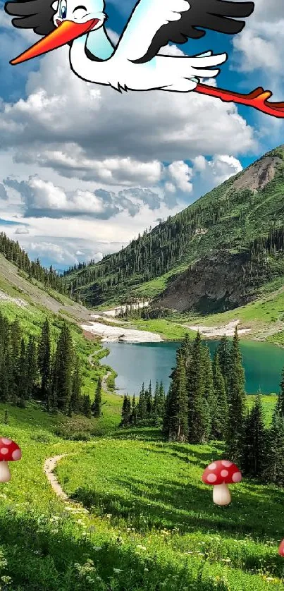 Cartoon stork flying over mountain valley with lake.