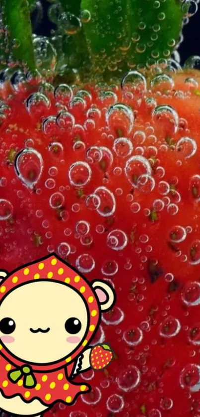 Cute cartoon character on a strawberry background with bubbles.