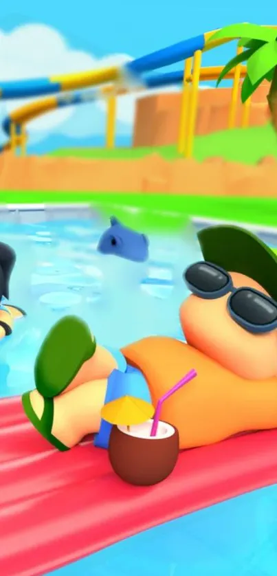 Cartoon characters relaxing by the pool with tropical backdrop and vibrant colors.