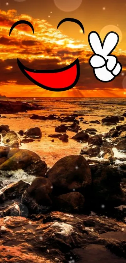 Vibrant sunset with cartoon face and peace sign over rocky coastline.