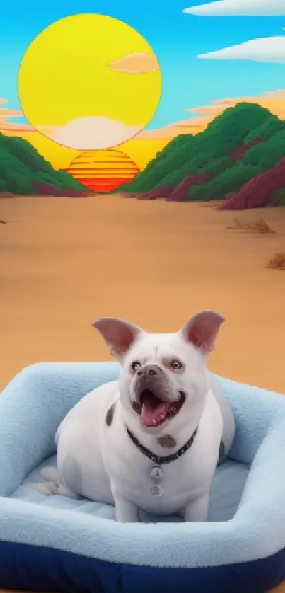 Cartoon sunset with a happy dog in a blue bed.