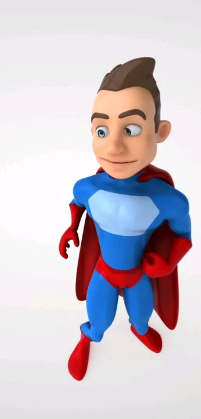 Cartoon superhero in a blue and red suit with red cape posing confidently.