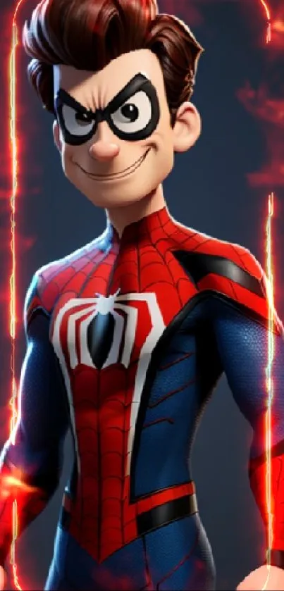 Animated superhero in red and blue suit on dark background.