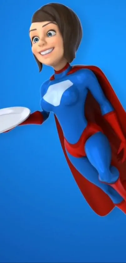 Cartoon superheroine in blue and red outfit flying with a cape.