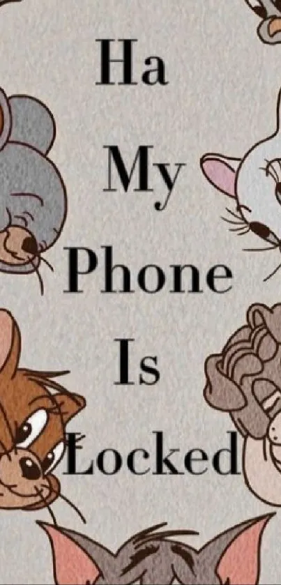 Cartoon lock screen with playful characters saying 'Ha My Phone Is Locked'.