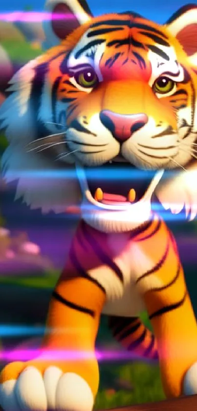 Animated cartoon tiger in a natural setting with vibrant colors.