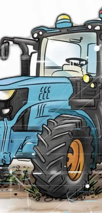 Whimsical cartoon tractor on a vibrant blue mobile wallpaper.