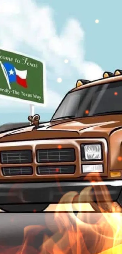 Cartoon brown truck on Texas road with bright sky and scenic background.