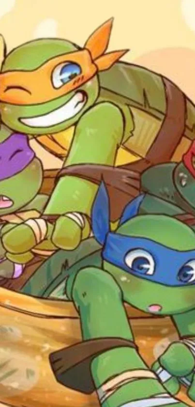 Cartoon turtle heroes with colorful masks in a vibrant and playful scene.