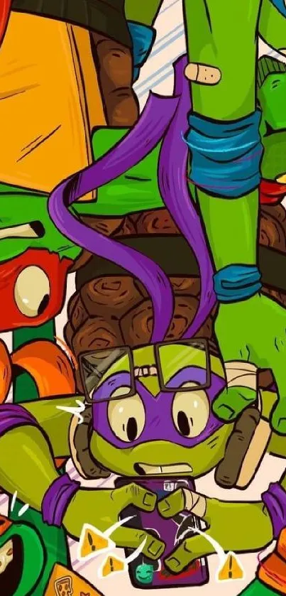 Colorful cartoon turtle heroes in dynamic action poses.