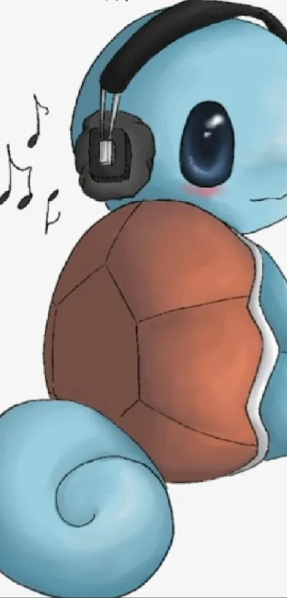 Cute cartoon turtle with headphones in blue and brown tones for mobile wallpaper.