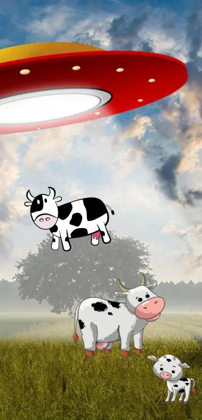 Cartoon cows being abducted by a UFO in a field.