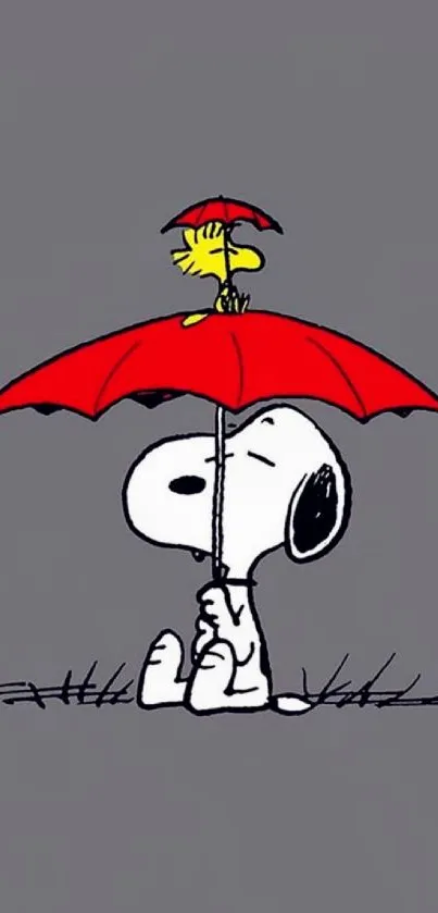 Cartoon character with red umbrella on gray background.