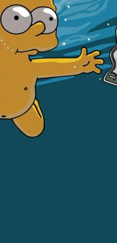 Cartoon character swims underwater towards a floating bill in vibrant teal hues.