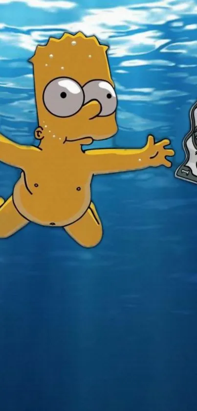 Cartoon character swimming underwater with a dollar bill.