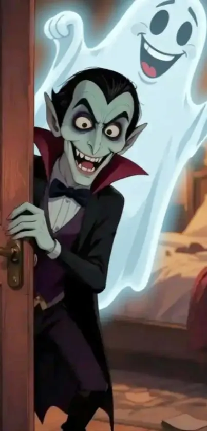 Cartoon vampire and ghost behind a door with a spooky smile.