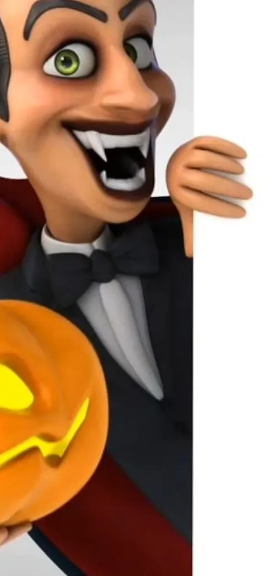 Lively cartoon vampire holding a carved pumpkin for Halloween.