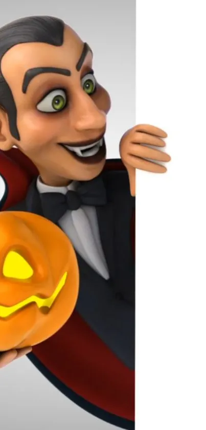 Cartoon vampire holding a Halloween pumpkin.