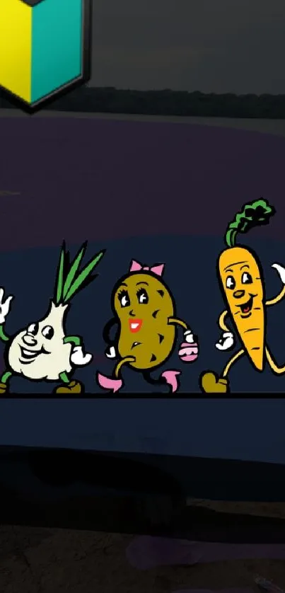 Cartoon vegetables trio on dark purple background.