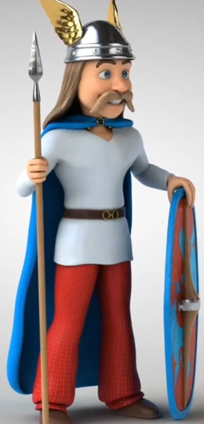 Cartoon Viking warrior with spear and shield, blue cape, whimsical design.