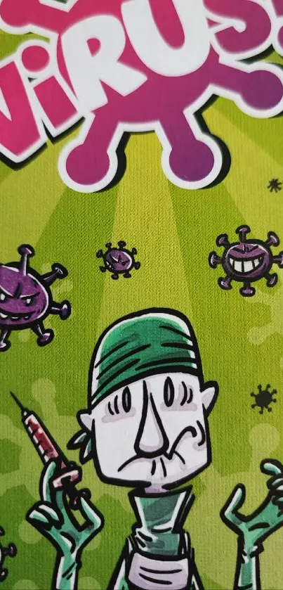 Cartoon doctor surrounded by virus graphics on a green background.