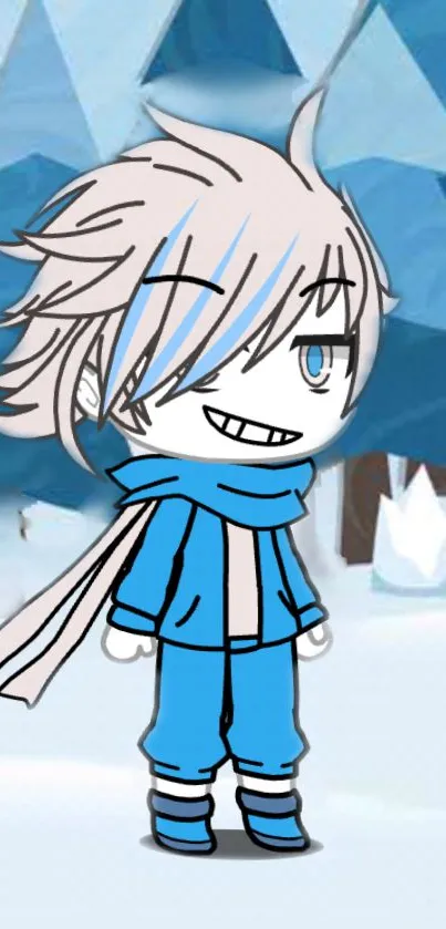 Cartoon character in blue winter outfit with a snowy background.