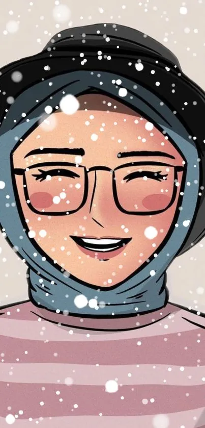 Cartoon woman with glasses in a snowy scene, smiling warmly.