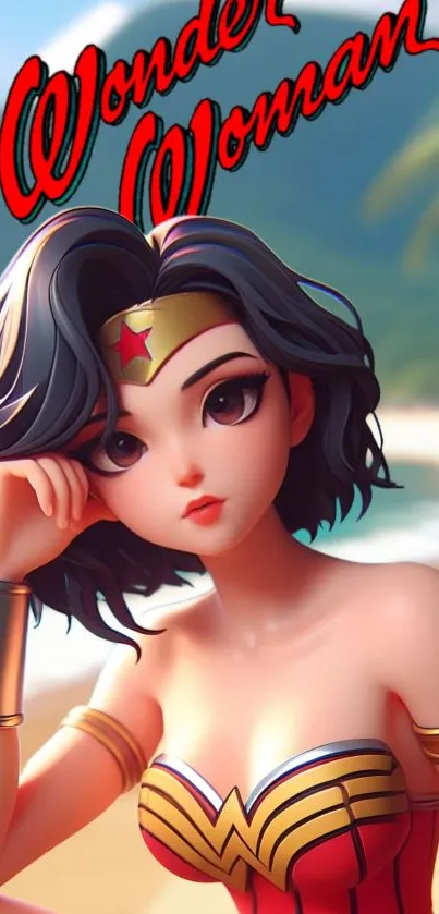 Cartoon Wonder Woman in a beach setting with vibrant colors.